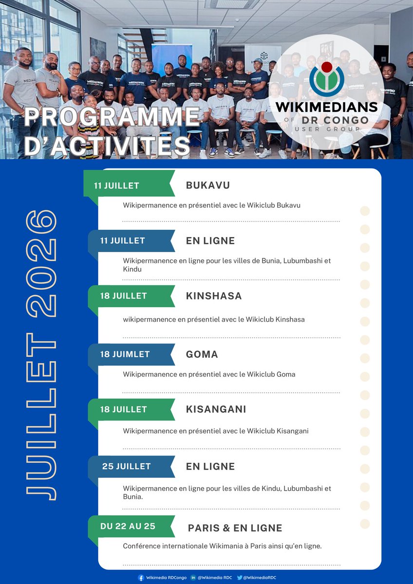 WikimediaRDC's tweet photo. Juillet s’annonce riche en contributions avec les Wikipermanences de Wikimedia RDC !

👀 Découvrez le programme et dites-nous : quelle activité attendez-vous le plus ?

#WikimediaRDC #Wikipedia #WikiClub #ConnaissanceLibre #Contribution #Wikipermanence https://t.co/RqiNeyLqwW