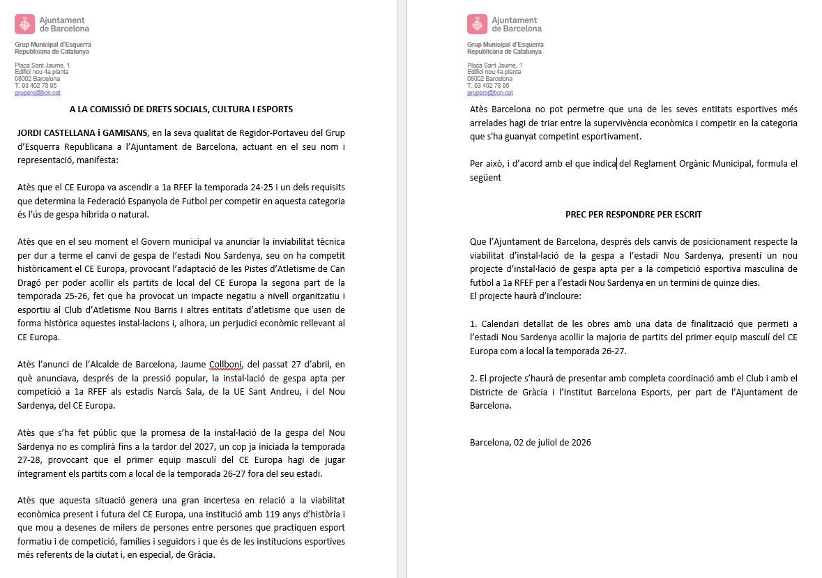 jcasteg's tweet photo. Maig 25: @CEEuropa a 1a RFEF. PSC: impossible posar gespa al Nou Sardenya
Abril 26: Collboni: posarem la gespa
Juny 26: PSC: No serà fins nov 27

Per les promeses incomplertes i impacte negatiu, @ercbcn exigim rectificar i un nou calendari d'acord amb les necessitats del Club https://t.co/BgEKhW0ijM