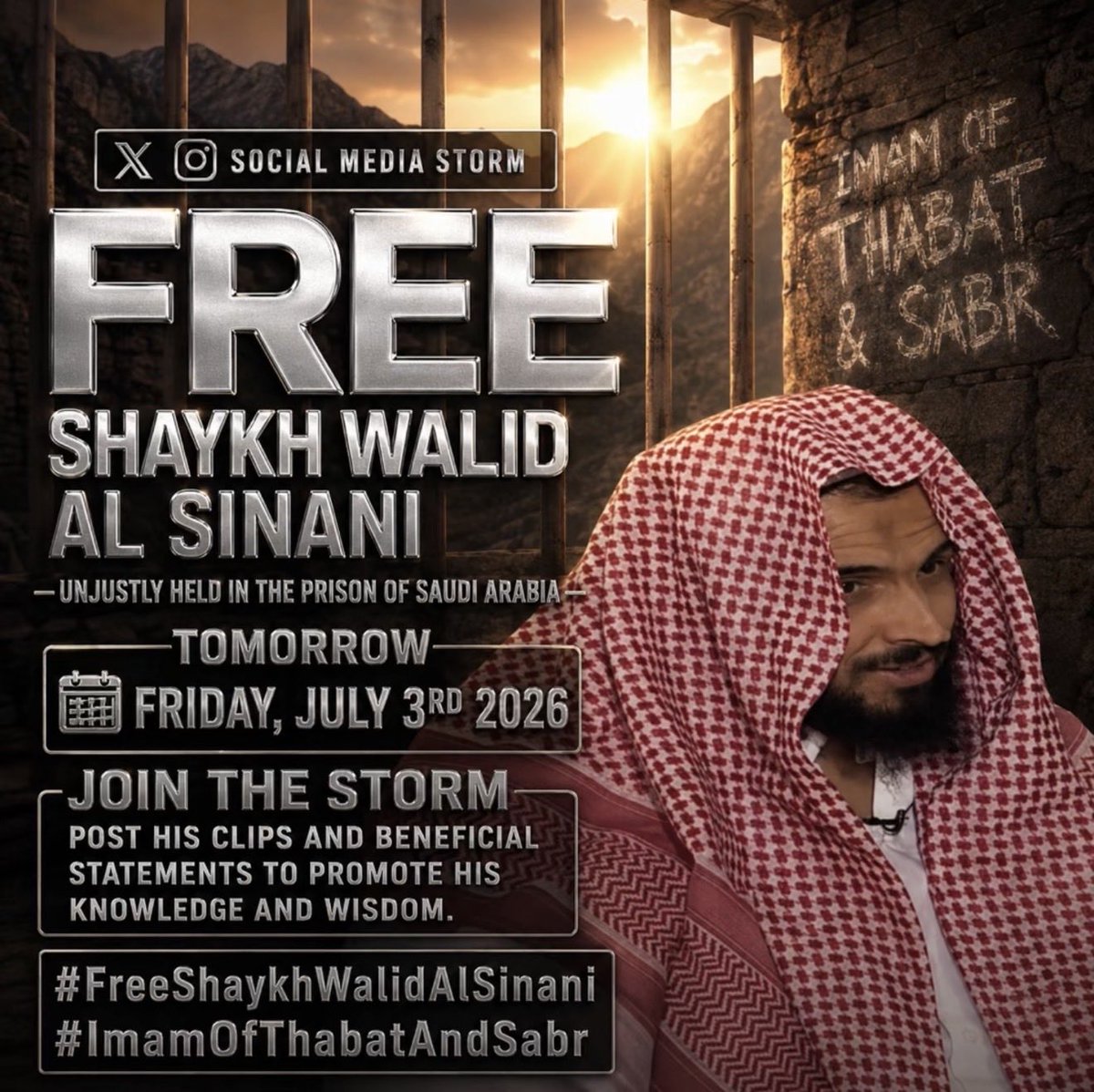 BrotherUnknown0's tweet photo. Tomorrow InshahAllah

#ImamOfThabatAndSabr
#FreeShaykhWalidAlSinani https://t.co/5saOazTqd2