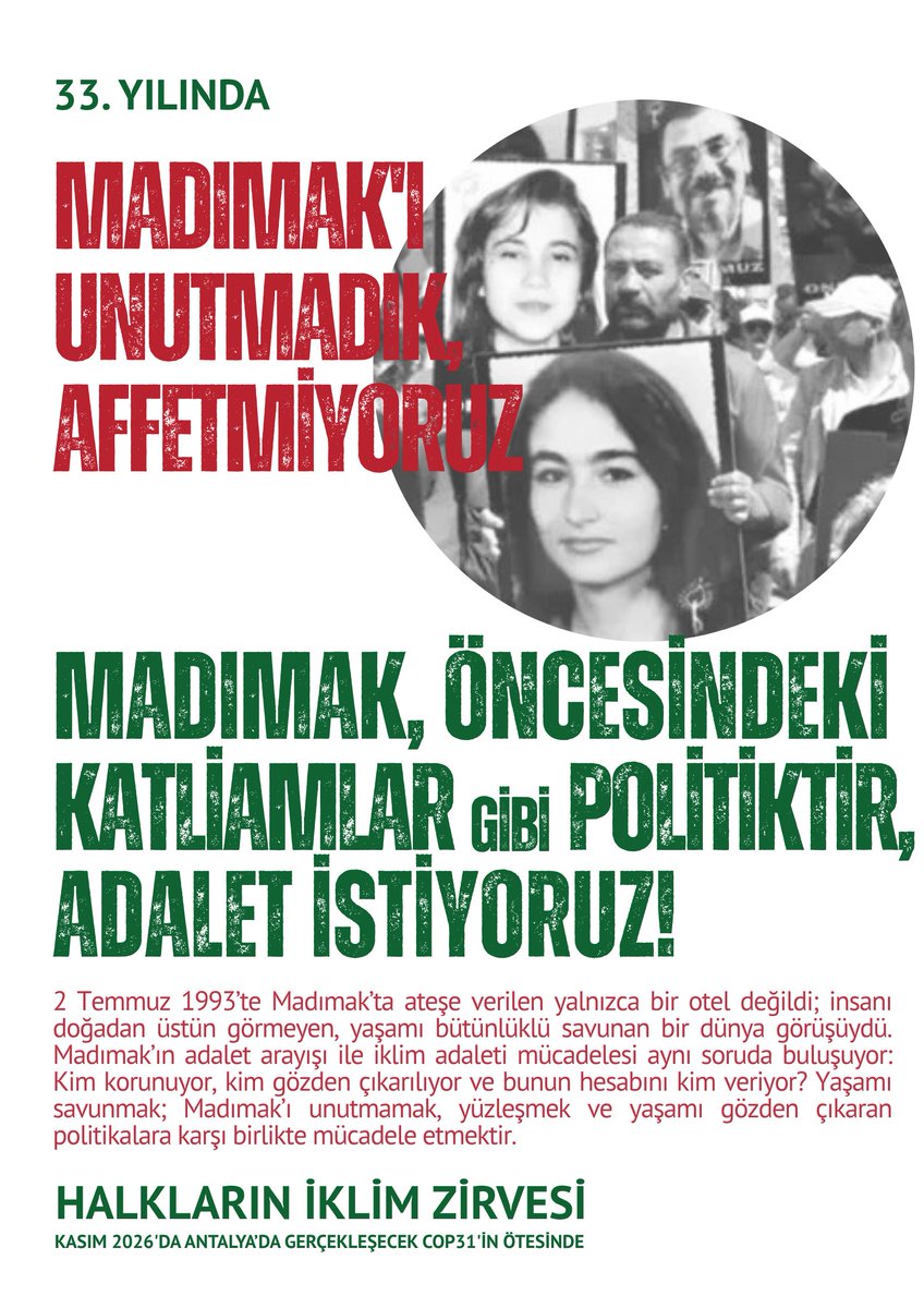 hiz_2026's tweet photo. 2 Temmuz 1993’te Madımak’ta ateşe verilen yalnızca bir otel değildi; insanı doğadan üstün görmeyen, yaşamı bütünlüklü savunan bir dünya görüşüydü. Madımak’ın adalet arayışı ile iklim adaleti mücadelesi aynı soruda buluşuyor: Kim korunuyor, kim gözden çıkarılıyor ve bunun hesabını kim veriyor? Yaşamı savunmak; Madımak’ı unutmamak, yüzleşmek ve yaşamı gözden çıkaran politikalara karşı birlikte mücadele etmektir.

#Madımak