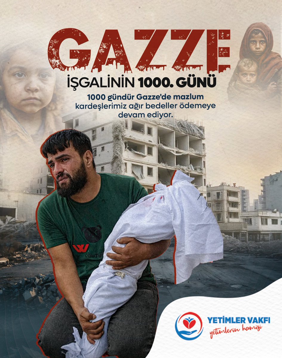 YetimlerVakfim's tweet photo. Gazze İşgalinin 1000. Günü

1000 gündür Gazze'de masum insanlar ağır bedeller ödemeye devam ediyor. Yıkılan şehirlerin, yetim kalan çocukların ve parçalanan ailelerin acısı her geçen gün büyüyor.

Mazlumların sesi olmak, insani sorumluluğumuzdur. Gazze için dualarımızı ve desteğimizi sürdürmeye devam ediyoruz.

#Gazze #1000Gün #Filistin #İnsanlı