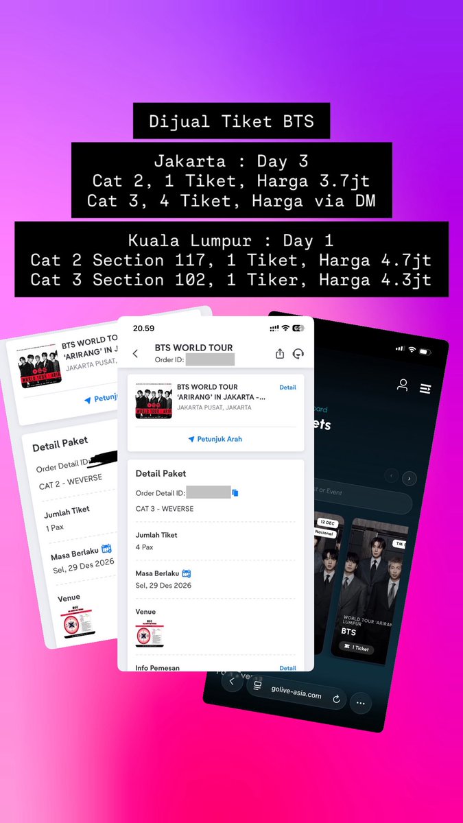 JanKristee's tweet photo. WTS Tiket BTS Arirang JKT 1 tix Cat2 Day3 hrg 3.7jt bs nego. No scam!
1. Bukti CO tikom atas nm sendiri.
2. No. HP dicek get contact nya trusted, bisa cek IG utama.
3. Siap COD di JKT BRT/BKS, DP 50% &amp; pelunasan pas wb
4. Siap TTD Surat perjanjian jual beli.
5. Nm rek = nm etiket https://t.co/FMq0vkC45S