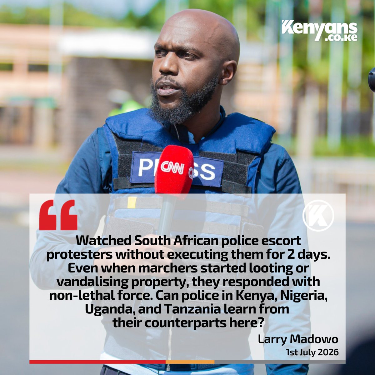 Kenyans's tweet photo. Watched South African police escort protesters without executing them for 2 days - Larry Madowo https://t.co/xW6CGGOCFP