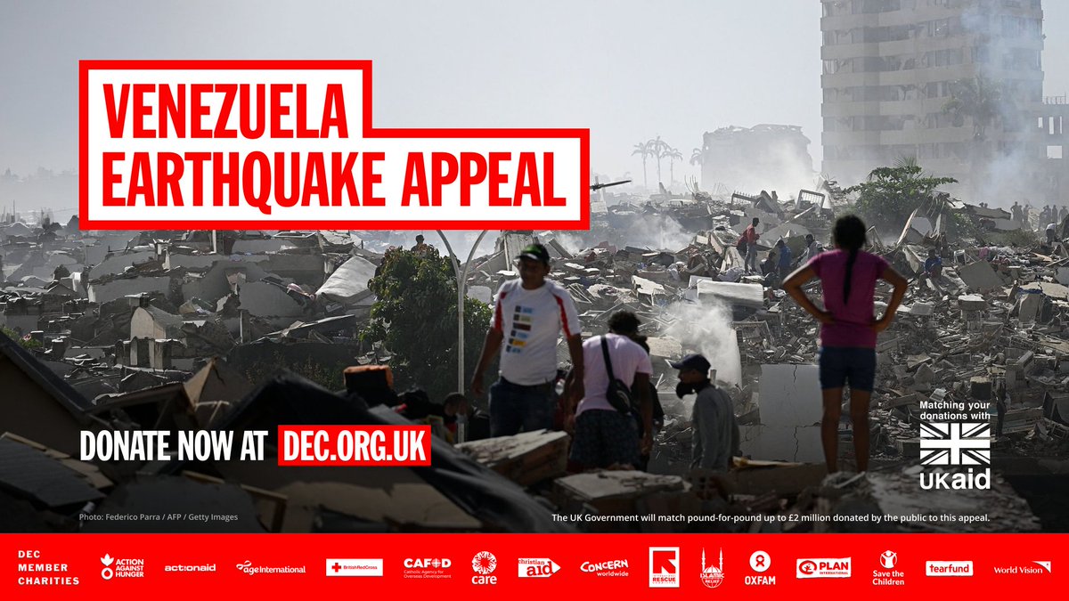 decappeal's tweet photo. The DEC has launched an appeal following the two devastating earthquakes in #Venezuela. 

The survivors urgently need shelter, food, water, and medical care. 

#VenezuelaAppeal #DECAppeal   

Donate now: https://t.co/KfeHUaaq52 https://t.co/aW0wE8mQq7