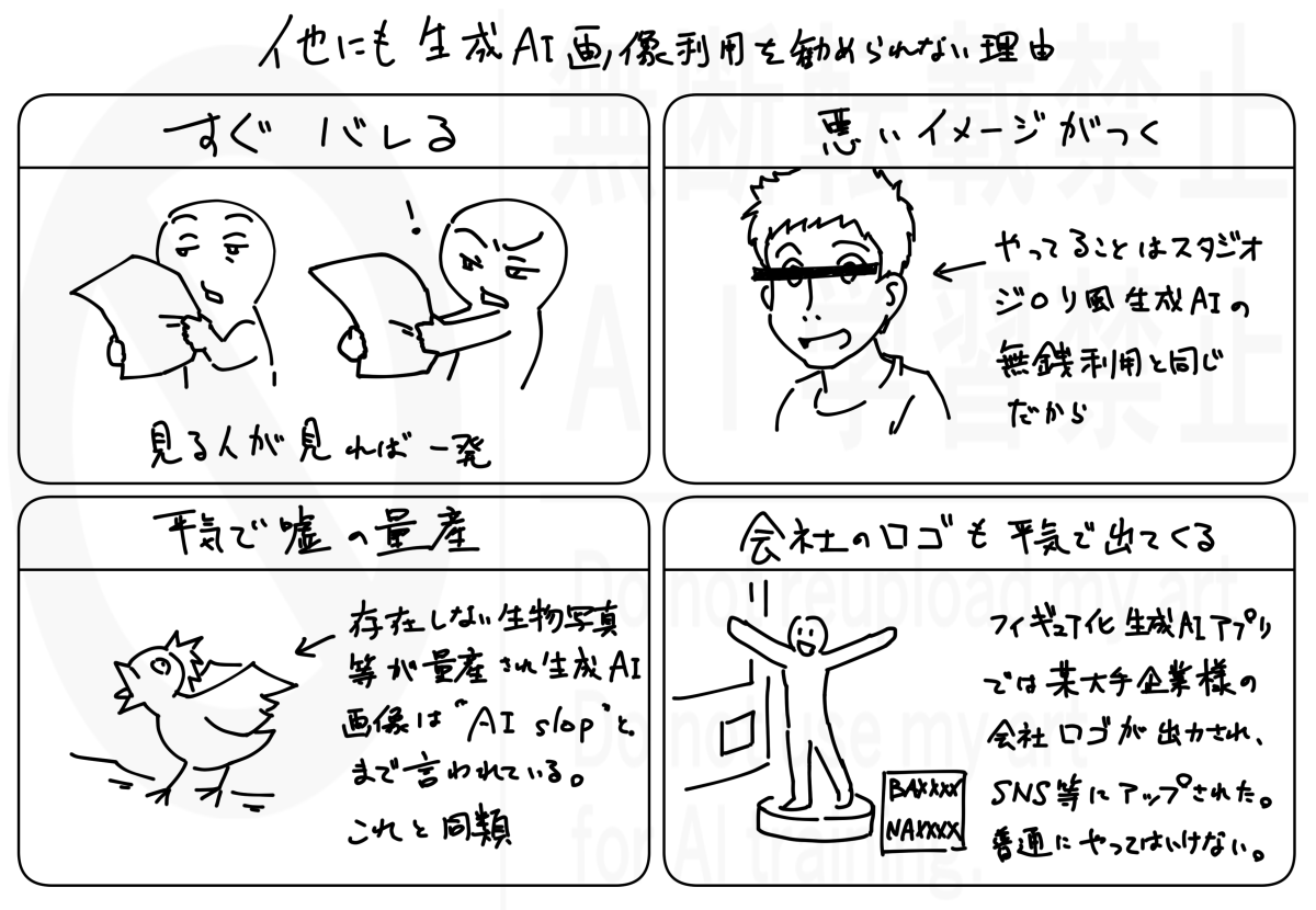 cord227_karaage's tweet photo. 生成AIの問題について、初めて触れる人に想像しやすいよう噛み砕いて描いてみました。興味を持ってもらえたら幸いです。
「赤信号、みんなで渡れば怖くない」で交通ルールを壊さないようにしましょう。
 #NOMORE無断生成AI #CreateDontScrape
↓前回の説明もあります。 https://t.co/pDgcc7Lx2L