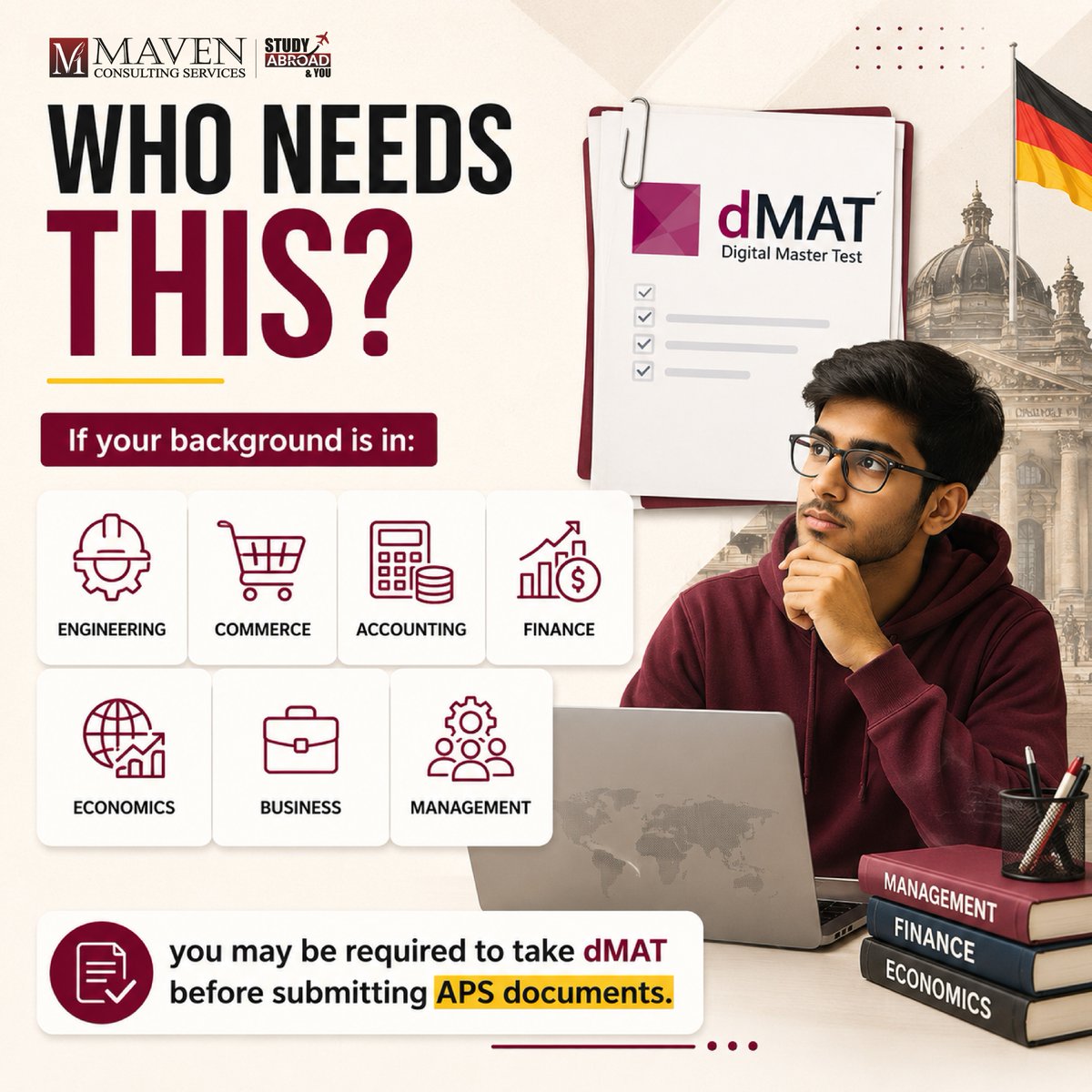 MavenContact's tweet photo. Important Update for Germany Master's Aspirants!
Swipe for everything you need to know, including eligibility, test dates, and test centres.
💬 Comment "DMAT" to receive the complete eligibility guide.
#GermanyAdmissions #StudyInGermany #dMAT #APS https://t.co/mwgS4ctgRu