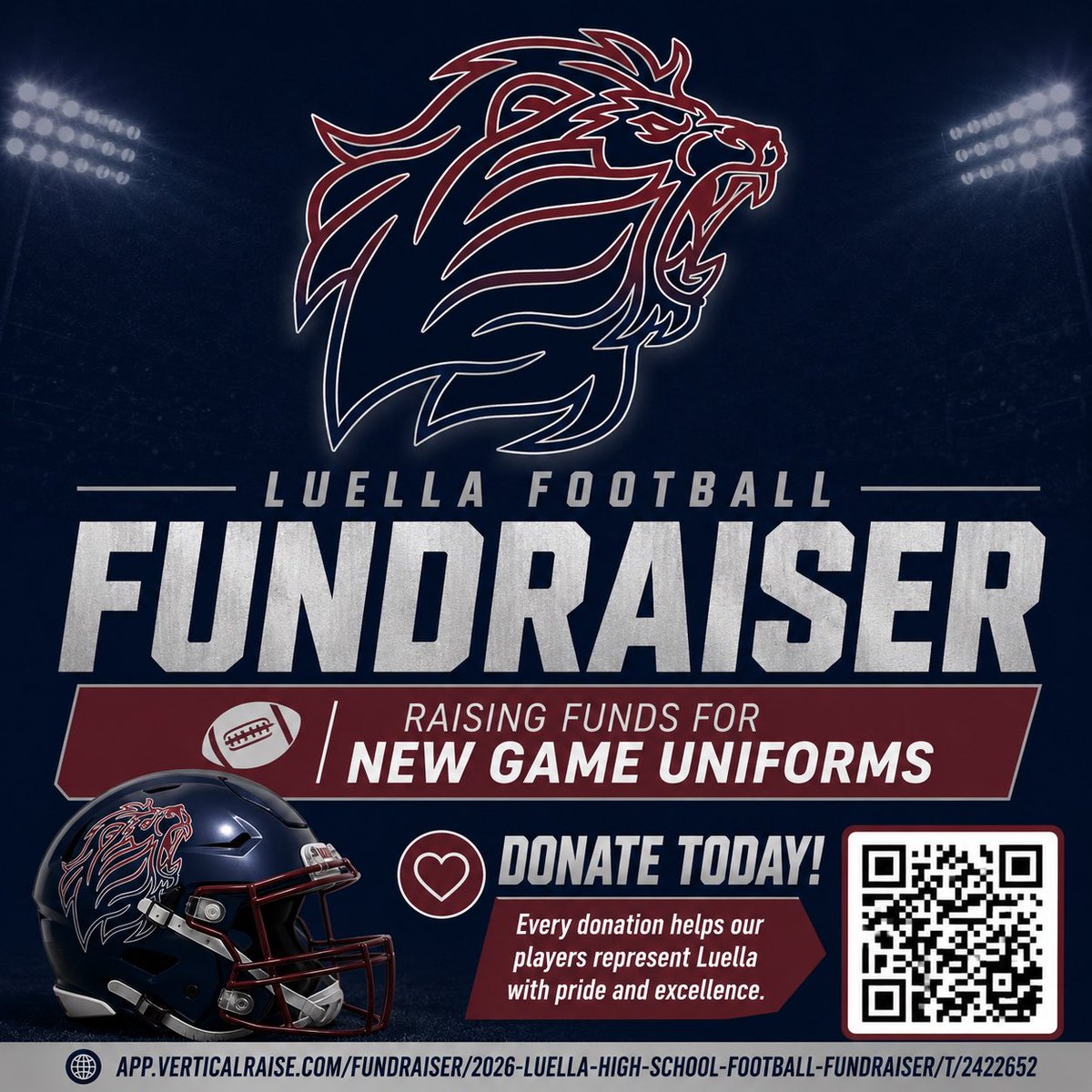 Luella_FB's tweet photo. 🦁 The Pride needs your support! 🏈

We’re raising funds for NEW GAME UNIFORMS for our student-athletes.

Every donation helps our players represent Luella with pride and excellence on Friday nights.

Donate today and share with your network!

#BeADog #SupportThePride https://t.co/4jmDUzbV27