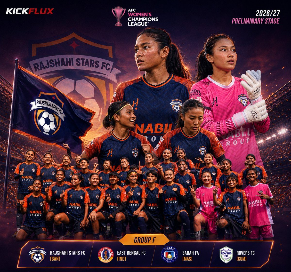 KickFlux's tweet photo. 𝑪𝒉𝒂𝒔𝒆 𝒕𝒉𝒆 𝑺𝒕𝒂𝒓. ⭐ 

Rajshahi Stars FC  are ready to represent Bangladesh on the continental stage! 🇧🇩🔥

With unity, belief, and the wall between the posts, the Stars begin their AFC Women's Champions League 2026/27 Preliminary Stage journey. 💙🧡 https://t.co/xak3FMshDD