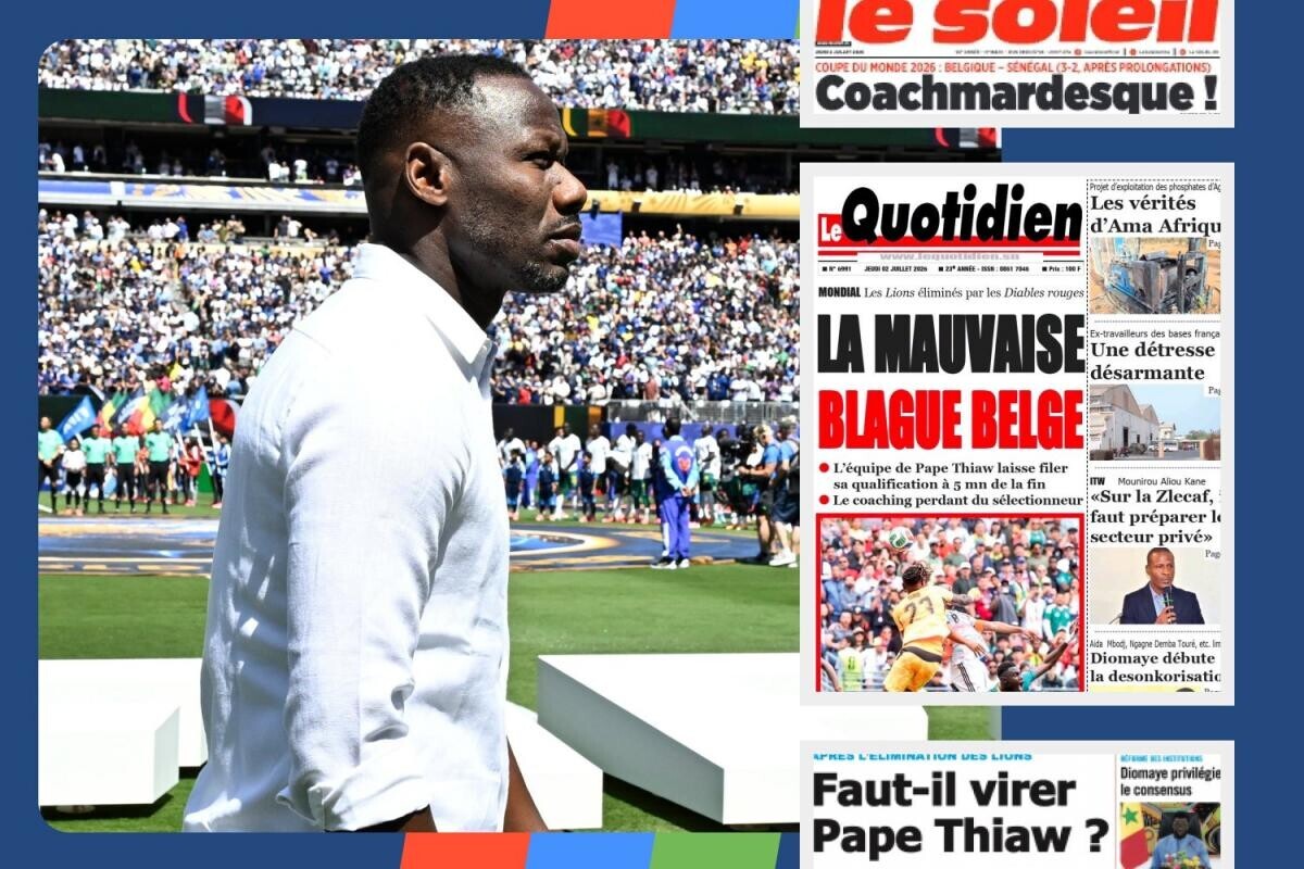 lequipe's tweet photo. « Pape, Ciao ! » La presse du Sénégal allume le sélectionneur Pape Thiaw après l'élimination face à la Belgique en 16es de la Coupe du monde

➡️ https://t.co/JQyZNrnLue https://t.co/xXw7SsgsLB