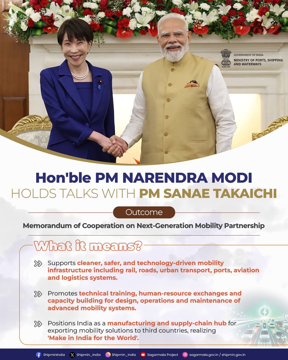shipmin_india's tweet photo. India and Japan reaffirm their commitment to strengthening the Special Strategic and Global Partnership, advancing cooperation across key sectors for shared growth, innovation and prosperity.

List of outcomes from the meeting between Hon'ble PM Shri @narendramodi and Hon'ble PM @takaichi_sanae 

#IndiaJapan #IndiaJapanPartnership #Diplomacy #StrategicPartnership #India #Japan #ViksitBharat