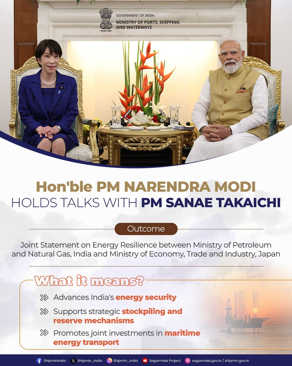 shipmin_india's tweet photo. India and Japan reaffirm their commitment to strengthening the Special Strategic and Global Partnership, advancing cooperation across key sectors for shared growth, innovation and prosperity.

List of outcomes from the meeting between Hon'ble PM Shri @narendramodi and Hon'ble PM @takaichi_sanae 

#IndiaJapan #IndiaJapanPartnership #Diplomacy #StrategicPartnership #India #Japan #ViksitBharat