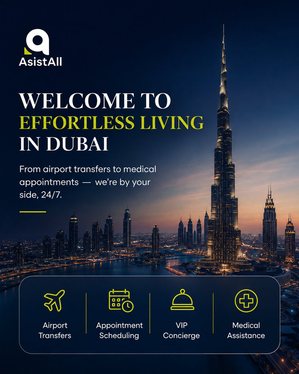 asistallcom's tweet photo. Effortless living in Dubai, 24/7.

Airport transfers, appointment scheduling, VIP concierge and medical assistance — AsistAll is by your side whenever you need support.

#AsistAll #DubaiLiving #ConciergeService https://t.co/Mv9zVX6Tuu