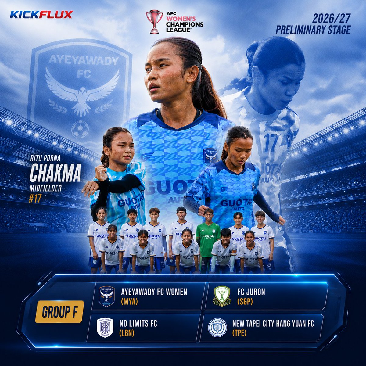 KickFlux's tweet photo. 🇧🇩 Ritu Porna Chakma is ready for the Asian stage! 💙

Ayeyawady FC Women in Group F of the 2026/27 AFC Women's Champions League Preliminary Stage, 

Best of luck to Ritu and both clubs! 🌏⚽

#AWCL #RituPornaChakma #AyeyawadyFC #RajshahiStarsFC #BangladeshFootball https://t.co/k2hxYA1aWE