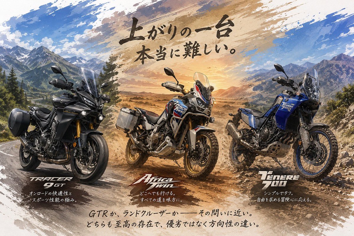 jet_k64's tweet photo. 「上がりの一台」と思って選んだトレーサー9 GT

歴代最高と言っていいほど気に入っている

でも乗れば乗るほど、アフリカツインやテネレ700も正解だったかもしれないとも思う

トレーサーのオンロード性能か、ビッグアドベンチャーの万能性か

「上がりの一台」を見つけるのは、本当に難しい https://t.co/c1LVqF5Yvg