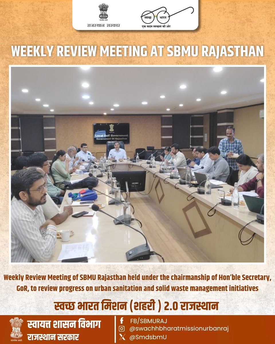 SmdsbmU's tweet photo. A productive weekly review meeting of Swachh Bharat Mission Urban (SBMU), Rajasthan was held under the chairmanship of the Hon'ble Secretary, GoR, in the presence of the Director, DLB. The meeting reviewed the progress of urban sanitation and solid waste management initiatives, with participation from the Chief Engineer, SBMU Nodal Officers, SWM Plant Managers, and PMU team through video conferencing.

#SwachhBharatMission #SBMURajasthan #UrbanSanitation #SolidWasteManagement #SwachhRajasthan #GovernmentOfRajasthan