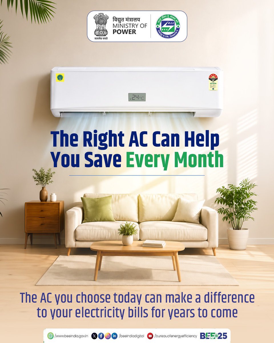beeindiadigital's tweet photo. Planning to buy a new AC? Before you decide, check the BEE Star Label.
Choosing an energy-efficient AC can help reduce electricity consumption and lower your monthly electricity bills.
More Stars. More Savings.
#HarSwitchSeSaving #EnergyEfficiency #StarRating #BEEStarLabel https://t.co/Z5ASCJhHmC