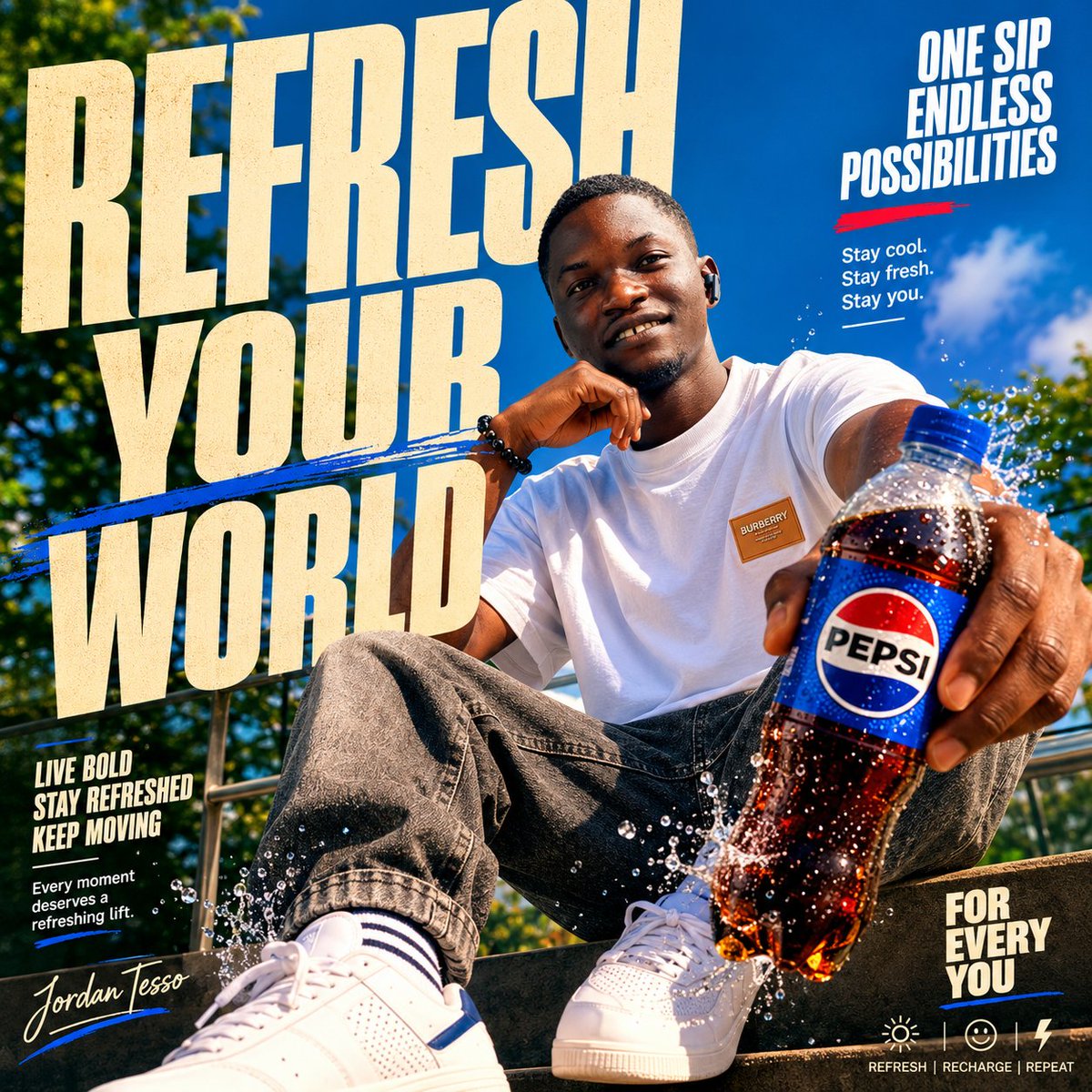 TUNE__GEE's tweet photo. challenged myself to create a premium editorial-style ad using AI—no camera crew, no studio, just imagination and prompting. 🤯🔥

If Pepsi dropped this tomorrow, would you believe it was an official campaign?

Be honest... what would you rate it out of 10? 👀
#AIArt #GenerativeAI #PromptEngineering #CreativeAI #GraphicDesign #Advertising #Pepsi #MadeWithAI