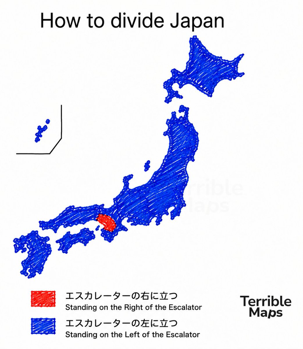 TerribleMaps's tweet photo. Japan has been divided according to escalator doctrine https://t.co/QJPnYe5Ag1