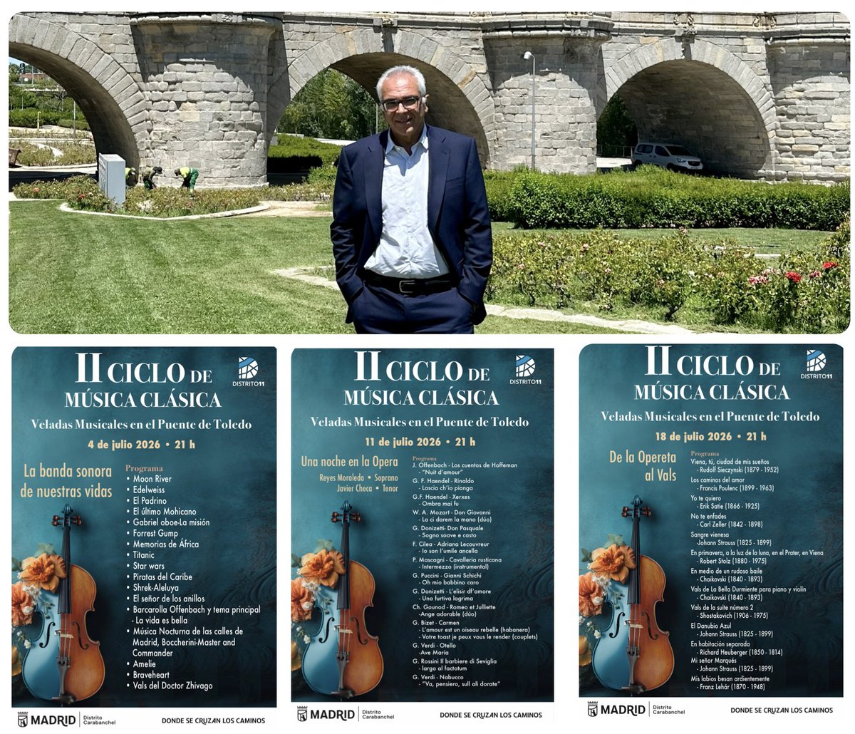 carlosizqtorres's tweet photo. A partir de ahora los sábados de julio son para las veladas musicales en el puente de Toledo en #Carabanchel:
•  4 julio: Bandas sonoras
• 11 julio: Ópera
• 18 julio: De la Opereta al Vals

#Distrito11 en #EspacioRío es #Arte y #Música.
#PlazasConAlma con la música clásica. https://t.co/4z4MkGmwUD