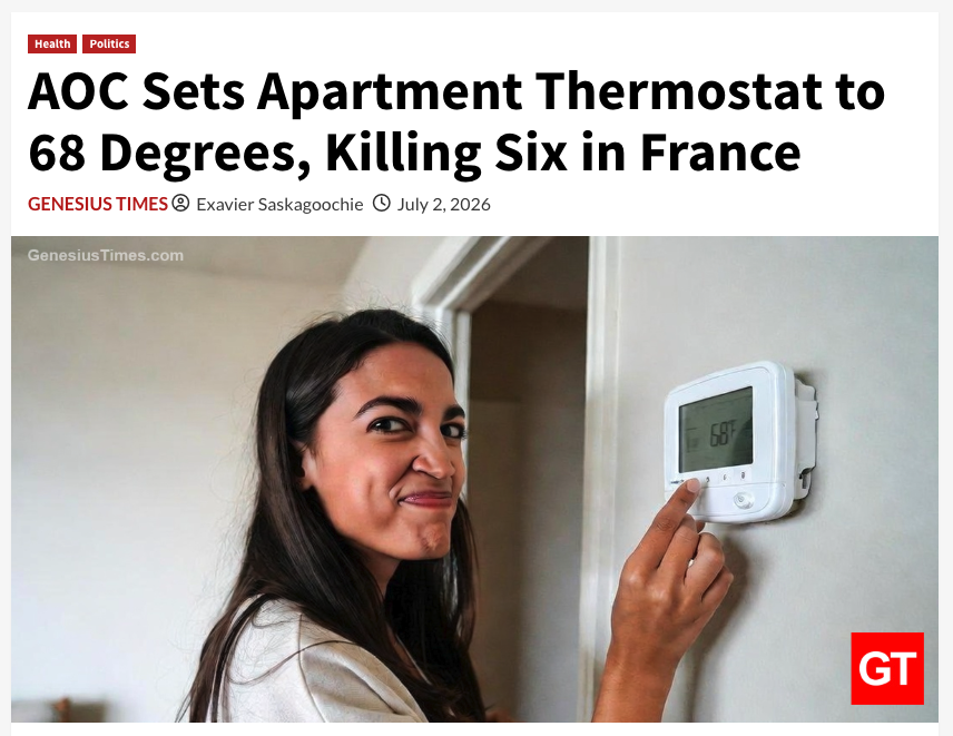 Genesius_Times's tweet photo. AOC Sets Apartment Thermostat to 68 Degrees, Killing Six in France • Genesius Times https://t.co/V0pF8sIRNI https://t.co/Ej04kzhW1c