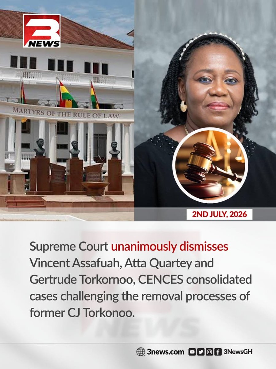 tv3_ghana's tweet photo. The Supreme Court has unanimously dismissed the consolidated suits filed by Vincent Ekow Assafuah, Atta Quartey, former Chief Justice Gertrude Araba Esaaba Sackey Torkornoo, and Centre for Citizenship, Constitutional and Electoral Systems (CENCES) challenging the removal process of former CJ Torkornoo.

#TV3GH