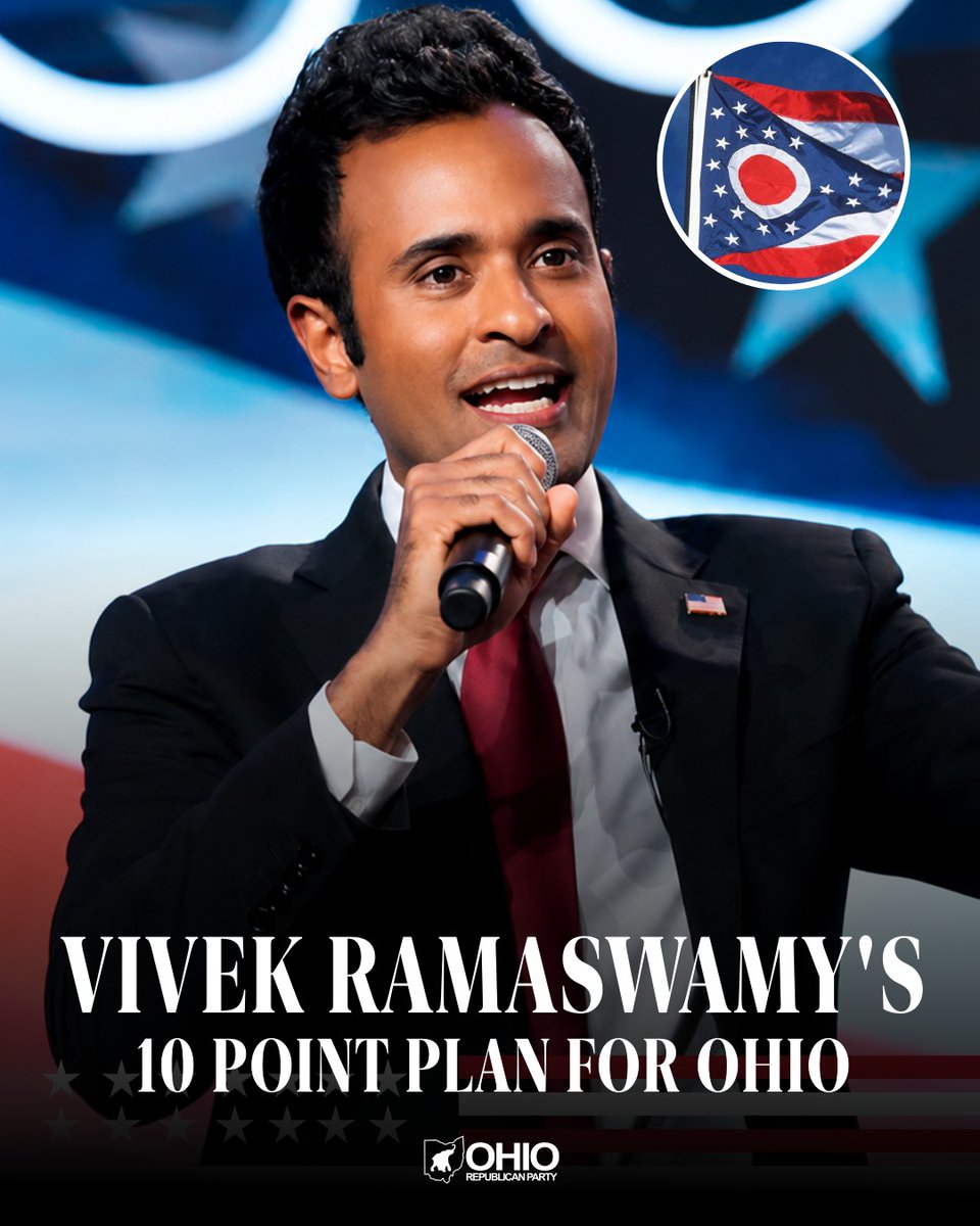 ohiogop's tweet photo. Vivek Ramaswamy laid out a bold 10-point agenda for Ohio. Ramaswamy called for bringing high-paying jobs back to Ohio, raising standards in schools, and teaching kids to be proud of their state and their country. https://t.co/VrDHB5dLUy https://t.co/4Murv1yrIC