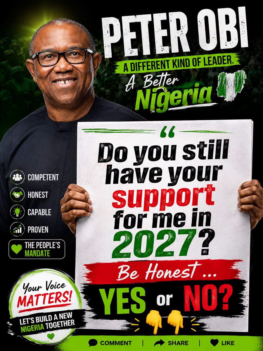 HonestNarrativ's tweet photo. Nigerians, Do You Still Have Your Support For Peter Obi In 2027?

Be Honest…

YES or NO?👇👇👇 https://t.co/x3Vfuey1eI
