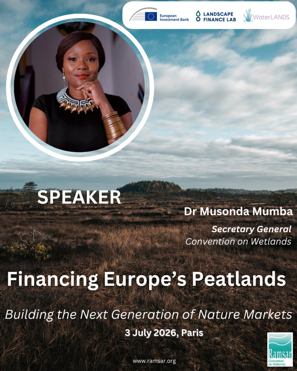 RamsarConv's tweet photo. Dr @MumbaMusondam will be speaking at the Opening of the EIB Workshop on Peatlands Finance, in Paris France.

 Themed "Financing Europe's Peatlands: Building the Next Generation of Nature Markets" the workshop seeks to bring public and private stakeholders to explore how peatland restoration can become a scalable and investable asset. 

#WetlandsMatter #ConventionOnWetlands #PeatlandsMatter