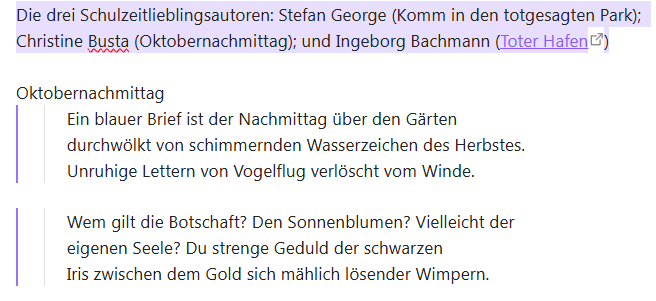 Pymwater's tweet photo. Die drei Schulzeitlieblingsautoren: Stefan George (Komm in den totgesagten Park); Christine Busta (Oktobernachmittag); und Ingeborg Bachmann (Toter Hafen, https://t.co/Ri1ML3dqrX) — konnt ich auswendig, damals. :-) https://t.co/au37mpEY7Q