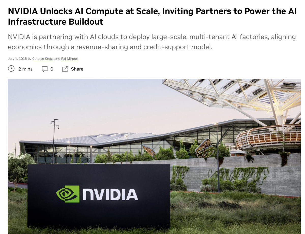 StockMKTNewz's tweet photo. Nvidia $NVDA just announced a new business model that 

"opens up compute access to the fast‑growing AI ecosystem of startups, model builders, enterprises, research organizations and regional AI players."

The problem it's solving: emerging AI companies have struggled to get financing for compute, even when they sign long-term commitments.

Nvidia's fix is a new business model where AI clouds buy Nvidia infrastructure, then Nvidia takes a cut of the cloud revenue on top of the standard hardware sale.

That means Nvidia now earns a recurring, usage-linked stream instead of a one-time hardware sale.

Two companies are already building under the new model:

Sharon AI is deploying up to 40,000 Grace Blackwell GB300 GPUs. Firmus is building a 360 megawatt AI factory campus in Indonesia, scaling to as many as 170,000 Nvidia GPUs.