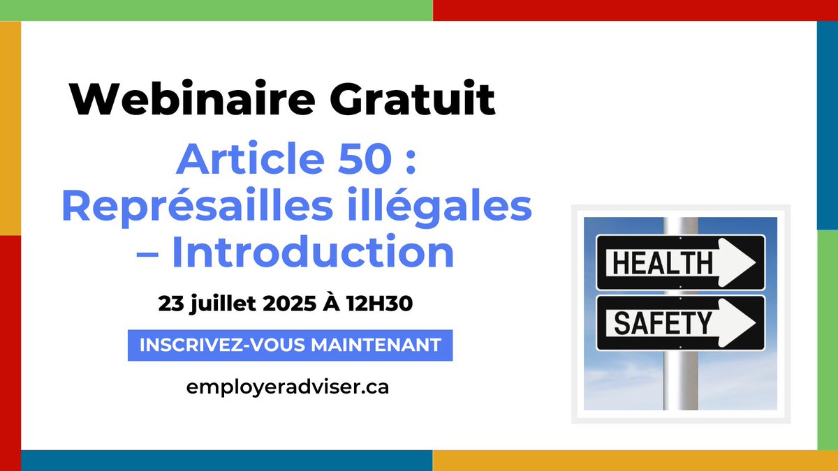 AskoeaFR's tweet photo. Article 50 : Représailles illégales – Introduction
Jeudi 23 juillet 2026
De 12 h 30 à 13 h 30
Participez à notre webinaire gratuit

Il est essentiel pour les employeurs de comprendre les dispositions relatives aux représailles prévues par la Loi sur la santé et la sécurité au travail. Les requêtes en vertu de l’article 50 peuvent être complexes à gérer, notamment parce que la législation impose le fardeau de la preuve à l’employeur, qui doit démontrer qu’il n’a pas exercé de représailles.

Joignez-vous à notre équipe juridique chevronnée dans le cadre d’un webinaire gratuit qui donnera un aperçu du processus lié aux représailles illégales prévu à l’article 50 devant la Commission des relations de travail de l'Ontario, ainsi que des stratégies pratiques pour aider les employeurs à intervenir efficacement et à éviter des erreurs coûteuses.

Les sujets abordés incluront les suivants :
- le processus de demande relative à des représailles illicites,  y compris les formulaires et les dépôts clés;
- les stratégies proactives de l'employeur en matière de défense et d’intervention efficace;
- les décisions clés et les leçons retenues concernant -les cas de représailles dans le lieu de travail;
- les conséquences potentielles, y compris les perturbations opérationnelles, les sanctions financières et la responsabilité.

Notre équipe possède une vaste expertise en matière de requêtes relatives aux représailles illicites visées à l’article 50 et peut soutenir et représenter les employeurs tout au long du processus.

Cliquez ici pour vous inscrire.
https://t.co/5Xxhcy83eK
