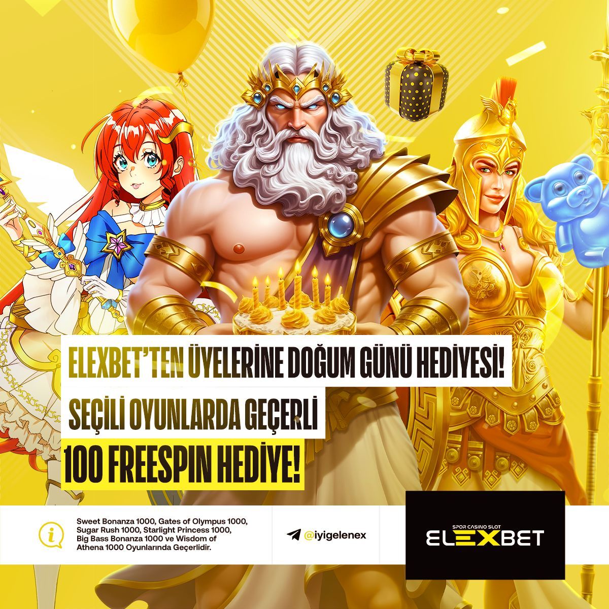 ElexTurkiye's tweet photo. ELEXBET'TEN ÜYELERİNE ÖZEL DOĞUM GÜNÜ HEDİYESİ!

En özel gününüzü efsanevi 1000 serisi seçili slot oyunlarında geçerli tam 100 Freespin ile kutluyoruz.

Bu eşsiz bonus ayrıcalığıyla kasanızı anında katlayın, prestijli dünyamızda yüksek kazanç elde etmenin elit keyfini yaşayın. https://t.co/5RMrDSFkbL