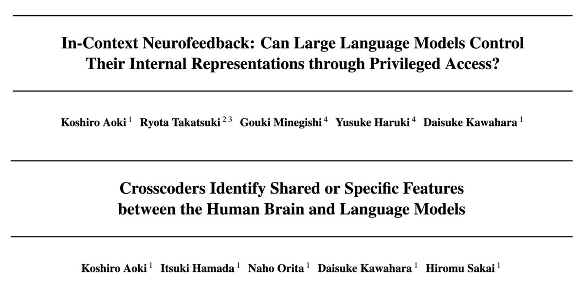 KoshiroAoki's tweet photo. I’ll be presenting two papers at #ICML2026 workshops (AI4GOOD WS &amp; Mech Interp WS).
Let's talk if you're interested in introspection, metacognition, or differences between humans and LLMs! https://t.co/7o7xpb5jUN