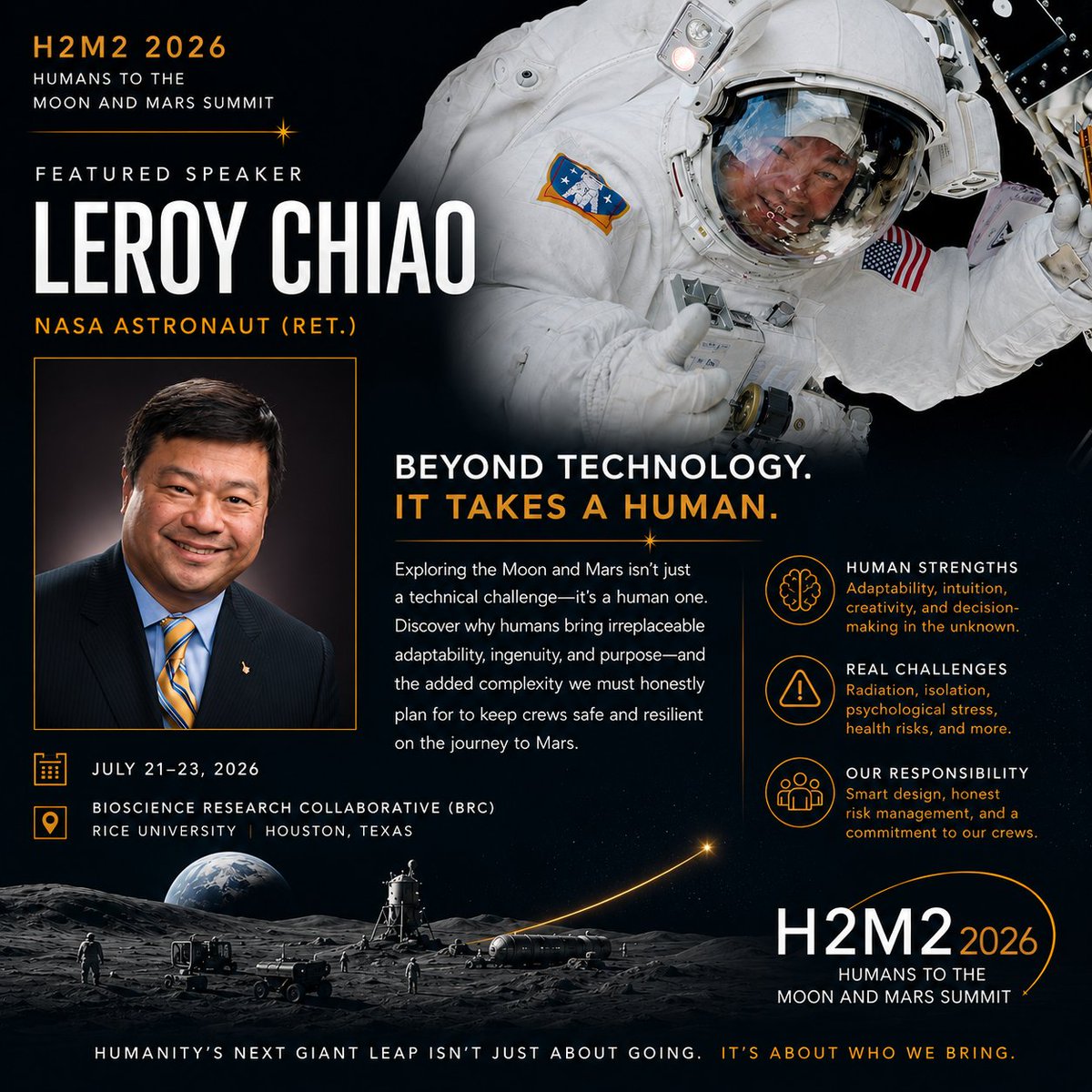 ExploreMars's tweet photo. Why Humans?
Because exploration isn't just about reaching new worlds. It's about curiosity, ingenuity, and discovering what only people can.
Former NASA astronaut & ISS Commander Dr. Leroy Chiao joins us at #H2M2 to explore the future of human spaceflight.
#WhyHumans #ExploreMars #MoonToMars