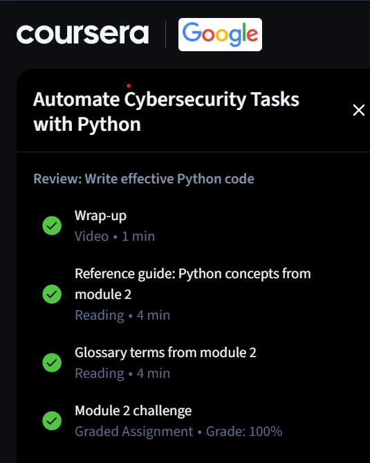 u83410's tweet photo. Day 46/100 of #100DaysOfCybersecurity 🛡️

Really working hard to finish up on google cybersecurity and head on to security +.  Planning to focus exclusively on portswigger labs & SIEM network analysis next week reserved this week for the Google Cybersecurity course work. Today's content wasn't that tuff since I already have a dev background.

[Today's Focus]
Python for Cybersecurity - Google Cert Course 7
[What I Covered]
→ Functions: def, parameters, arguments, return statements
→ Global vs local variables
→ Built-in functions: print(), type(), max(), sorted()
→ Modules & libraries: import, from...import, re, csv, os, statistics
→ PEP 8 style guide, comments & indentation
→ Strings: indexing, slicing, concatenation, immutability
→ String methods: upper(), lower(), index()
→ Lists: insert(), remove(), append()
→ Intro to Regex: re.findall(), \w+ pattern matching for emails/IPs/logs

Tomorrow: Module 4 + Course 8 Module 1
#CyberSecurity #Python #SOCAnalyst #GoogleCybersecurityCertificate #InfoSec #BlueTeam