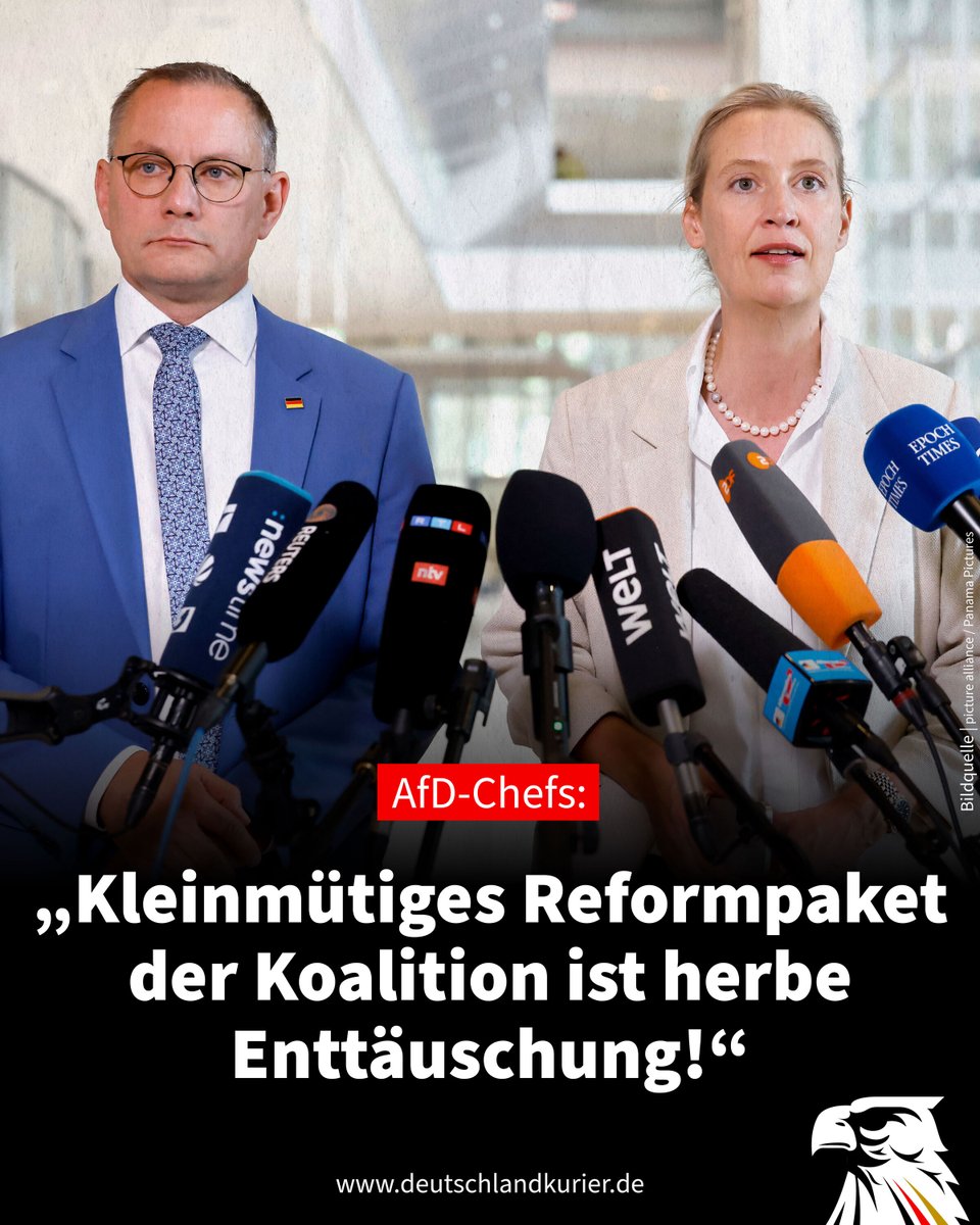 Deu_Kurier's tweet photo. AfD-Chefs: „Kleinmütiges Reformpaket der Koalition ist herbe Enttäuschung!“

Die mageren Ergebnisse des Koalitionsausschusses zu den von der Bundesregierung vollmundig angekündigten Reformvorhaben sind aus Sicht der AfD eine herbe Enttäuschung. Die Vorsitzenden der @AfDimBundestag, @Alice_Weidel und @Tino_Chrupalla, kritisieren vor allem das Ausbleiben wirklicher und nachhaltiger Steuerentlastungen für Bürger und Wirtschaft.

Beide @AfD-Chefs erklärten: „Für die Bürger und für die deutsche Wirtschaft ist das angebliche ‚Reformpaket‘ der schwarz-roten Koalition eine herbe Enttäuschung. Die hochtrabende Rhetorik, mit der die Koalitionäre sich selbst feiern, steht in krassem Missverhältnis zum kleinmütigen Ergebnis. Diese Regierung hat ein weiteres Mal unter Beweis gestellt, dass ihr zu wirksamen Reformen, die diesen Namen auch verdienen, die Kraft und der Wille fehlen.“

Nicht mal ein Tropfen auf den heißen Stein

Die großspurig verkündete Miniatur-Steuerentlastung sei angesichts von Rekordsteuereinnahmen und eines Gesamtsteueraufkommens von fast einer Billion Euro „weniger als ein Tropfen auf den heißen Stein“, monierten Weidel und Chrupalla. Was den Beziehern kleiner und mittlerer Einkommen dabei theoretisch mehr in der Tasche bleibe, werde allein von den beschlossenen Erhöhungen der Sozialabgaben „mehr als wieder aufgefressen“.

Die Erhöhung des Spitzensteuersatzes unter dem Etikett ‚Reichensteuer‘ treffe auch viele Mittelständler hart. Dass die volle Wirkung der Mini-Entlastung für Familien zudem erst ab 2028 eintreten solle, „ist angesichts der finanziellen Belastungen vieler Familien nicht nachvollziehbar“, rügten die AfD-Chefs.

Verschiebebahnhof

Weidel und Chrupalla fassten zusammen: „Dieses ‚Reformpaket‘ verdient die Bezeichnung nicht. Es ist lediglich ein symbolpolitischer Verschiebebahnhof innerhalb eines völlig aus dem Ruder gelaufenen Systems. Wo an einer Stelle minimal entlastet wird, steigen an anderer Stelle die Belastungen umso drastischer. Die Koalition spart nicht, das Gesamtvolumen staatlicher Ausgaben sinkt nicht, und damit erhalten Bürger und Unternehmer auch keinerlei Spielraum für Investitionen und privaten Konsum. Die Maßnahmen der Koalition werden keinen maßgeblichen Effekt hin zu einem dringend notwendigen Wirtschaftswachstum haben.“

Das Grundproblem bleibt aus Sicht der AfD-Spitze bestehen: „Die Staatsquote von 51,4 Prozent und die Staatsausgaben sind zu hoch, die öffentliche Hand beansprucht viel zu viel von dem Geld, das Bürger und Unternehmen erwirtschaften, und verschwendet einen großen Teil davon für unsinnige und schädliche Ausgaben.“

Über das, was wirklich getan werden müsse und wozu tatsächlich Mut erforderlich wäre, „verlieren die Koalitionäre kein Wort“, stellen Weidel und Chrupalla fest und betonen: „Nichts zur Streichung unnötiger Staatsausgaben und Subventionen, nichts zum Rückbau des unkontrolliert wuchernden Staatsapparats und öffentlichen Sektors, nichts zur Unterbindung der Massenmigration in die Sozialsysteme, nichts zur Senkung der viel zu hohen Energiekosten, die den Bürgern die Luft zum Atmen nehmen, die Unternehmen und Arbeitsplätze aus dem Land und Deutschland in die Deindustrialisierung treiben. Schwarz-Rot setzt den verhängnisvollen Irrweg der Energiewende unbeirrt fort.“