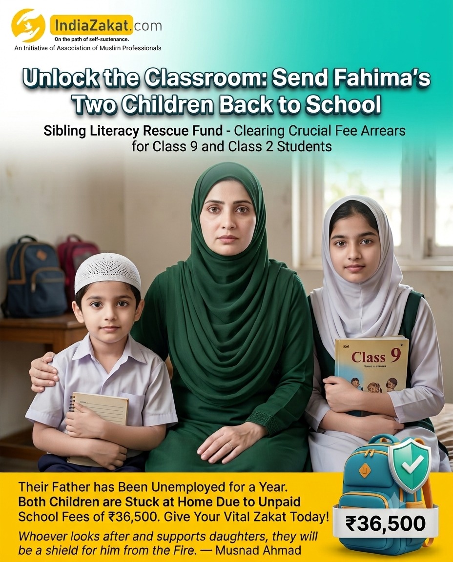 TheIndiaZakat's tweet photo. Fahima's husband has been unemployed for the past year, leaving the family unable to pay their children's school fees. As a result, both children are unable to attend school.
Your Zakat, Sadaqah, &amp; Lillah can help them return to school.
Kindly donate at:
https://t.co/RNAGTn9KWr https://t.co/Mafu0KuVoL