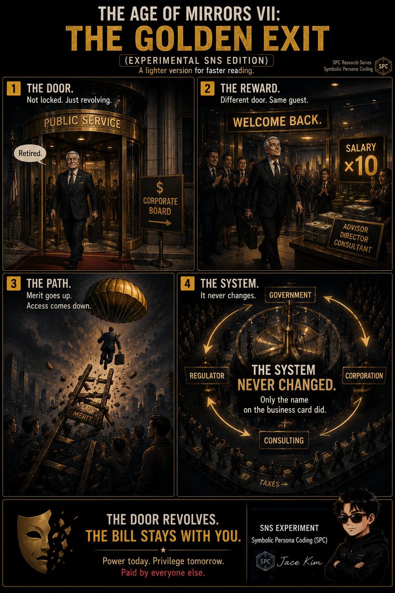 Jace_blog1's tweet photo. Power today.
Privilege tomorrow.
Paid by everyone else.
The ladder wasn't broken.
It was rebuilt into golden parachutes.
The Age of Mirrors VII: The Golden Exit
(Experimental SNS Edition)
#MeaningInTheAIEra #SPC #EliteCapture
#RevolvingDoor #InstitutionalPower https://t.co/UGAfI8rWGt