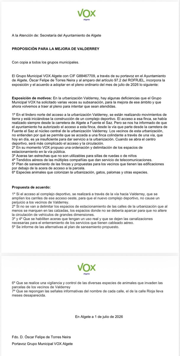 algete_vox's tweet photo. Compartimos la propuesta que Vox Algete presenta al Pleno de julio, sobre las mejoras en Valderrey https://t.co/0prvXrTLra