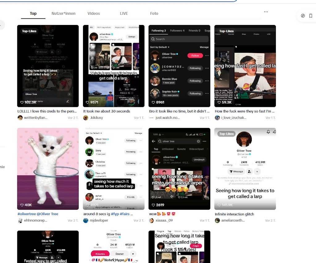 HighTierTrader's tweet photo. The Oliver Tree Larp Trend is going insanely viral on tiktok.

This trend is hilarious because normies have turned the meaning of Larp into something completely else.

There are 1000s of normies sitting on Oliver Tree's account and as soon as someone tries to follow and unfollow they get a message within 2 seconds calling them Larp.

https://t.co/03aS13OCBR

https://t.co/RsbOyZGXe5