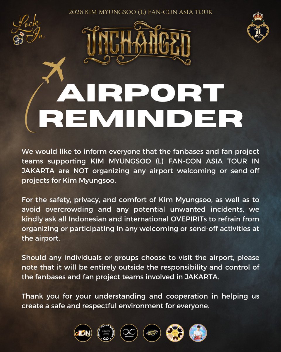 INSPIRITIDNCOMP's tweet photo. ✈️ Let’s welcome Kim Myungsoo with respect and kindness.

A warm welcome starts with good airport manners. Please respect his personal space, follow the airport regulations, and avoid any actions that may cause discomfort.

Let’s show him the best side of Indonesian fans. 🖤 https://t.co/OU548RXnVW