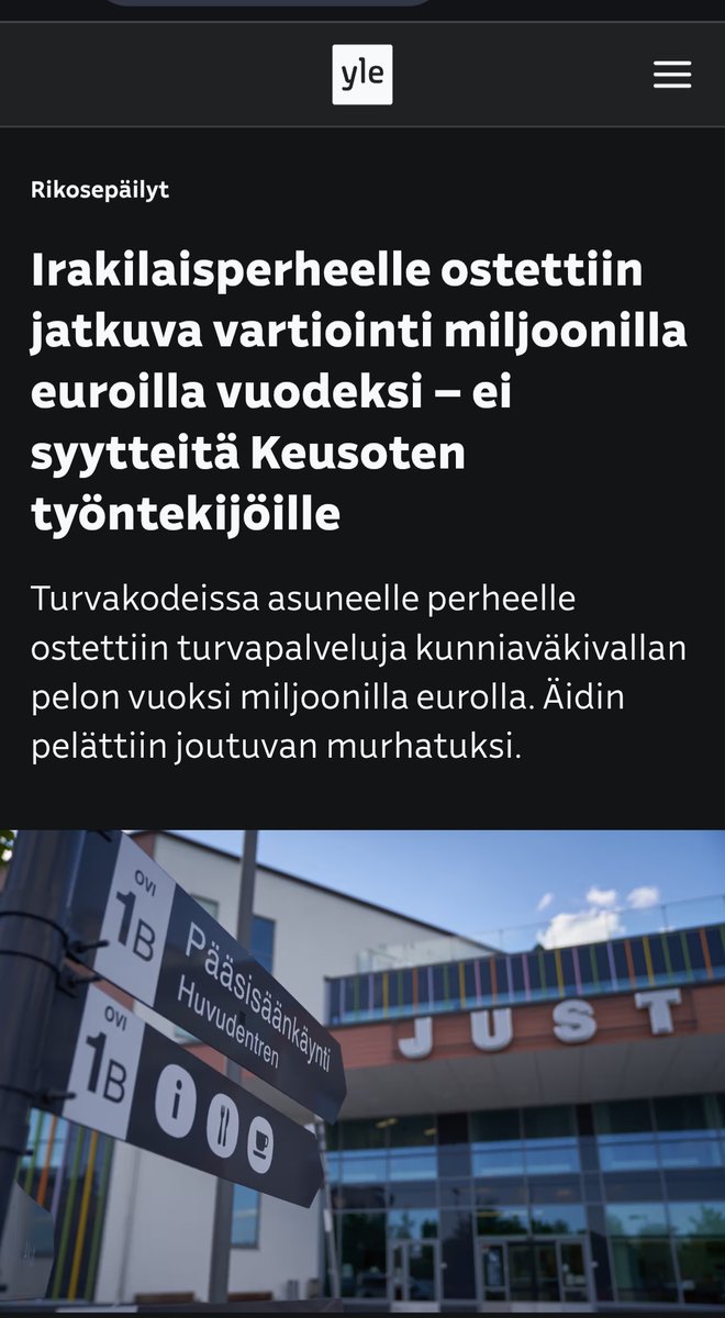 JP_Latti's tweet photo. "K-Uudenmaan sote-kuntayhtymä Keusote hankki 2,5 miljoonalla turvapalveluita irakilaiselle perheelle", ei syytteitä.

Keu keu. 🤬

"Kunniaväkivalta" mainittu.

Tämä tapaus pitäisi tutkia läpikotaisin uudelleen. Holtiton sosiaalisiirtolaisuus kehitysmaista ajaa maamme konkurssiin! https://t.co/NnYUiNkoKv