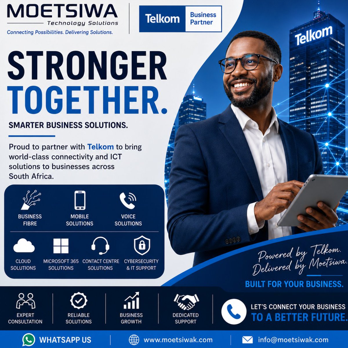 MoetsiwaK's tweet photo. 🚀 BIG NEWS!

We're proud to announce our partnership with Telkom, bringing world-class connectivity and business technology solutions to organisations across South Africa.

#MoetsiwaTechnologySolutions #TelkomBusiness #BusinessConnectivity #DigitalTransformation #BusinessGrowth https://t.co/VBE7nV7f4h