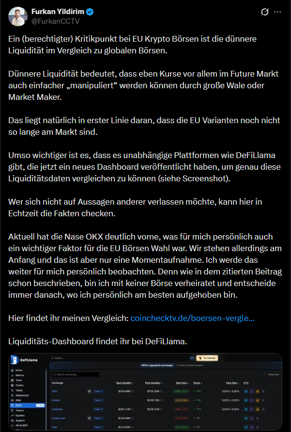 Bitcoin_Bratan's tweet photo. ⚠️ OKX, MiCA & Influencer-Marketing – kurzer Real Talk

Aktuell wird OKX von einigen Leuten sehr aggressiv als angeblich stärkste MiCA-Börse gepusht.

Mit großen Liquiditätszahlen, Screenshots, „OKX hat die Nase vorn“-Aussagen und natürlich direkt mit passendem Referral-/Affiliate-Link darunter.

Und genau da sollte jeder einmal kurz stoppen. 🧠

Denn wenn man sich die Daten selbst anschaut, sieht das Bild plötzlich deutlich anders aus.

Auf den Screenshots, die aktuell herumgehen, wirkt es so, als hätte OKX im MiCA-Vergleich mit Abstand die meiste Liquidität — vor allem im Perp-/Futures-Bereich.

Aber wenn ich selbst in das DeFiLlama-MiCA-Dashboard schaue, sehe ich dort ein komplett anderes Bild:

📊 Kraken:
Spot Liquidity: ca. 427 Mio. $
Perp Liquidity: ca. 233 Mio. $
Regulator: Central Bank of Ireland

📊 OKX:
Spot Liquidity: ca. 12 Mio. $
Perp Liquidity: ca. 18 Mio. $
Regulator: Malta Financial Services Authority

Das ist kein kleiner Unterschied.
Das ist ein massiver Unterschied.

Und bitte versteht das nicht als „Kraken Werbung“. Ihr könnt euch auf der Börse registrieren, auf der ihr euch wohlfühlt. Kraken, Coinbase, Bitstamp, OKX oder was auch immer — am Ende ist das eure Entscheidung.

Aber was ich kritisch finde:
Wenn Leute eine Börse mit Affiliate-Link pushen und dabei ein Bild erzeugen, das nach aktuellem Datencheck nicht sauber wirkt, dann sollte man das auch klar sagen dürfen.

Gerade bei Perps/Futures ist Liquidität nicht irgendeine Nebensache. Dünnere Liquidität kann Auswirkungen haben auf:
📉 Spreads
📉 Slippage
📉 Ausführung
📉 Marktqualität
📉 Risiko bei größeren Orders

Deshalb: Lasst euch nicht einfach in eine Börse reinmarketingen, nur weil gerade eine Kampagne läuft.

Checkt selbst:
✅ Welche Börse ist wirklich reguliert?
✅ Welche rechtliche Einheit steht dahinter?
✅ Wie viel echte Liquidität ist vorhanden?
✅ Welche Gebühren gelten?
✅ Welche Produkte sind verfügbar?
✅ Und warum empfiehlt diese Person genau diese Börse?

Realtalk:
Wenn unter jedem „Vergleich“ direkt ein Referral-Link hängt, ist es kein neutraler Vergleich mehr, sondern Marketing.

Nicht jeder Screenshot ist automatisch falsch.
Aber viele Screenshots können ohne Kontext, richtige Filter, aktuelle Sortierung und saubere Einordnung extrem irreführend sein.

Meine Meinung:
Keine Börse ist perfekt. Kein Influencer ist neutral, wenn er an Registrierungen verdient. Und niemand sollte euch sagen, wo ihr euer Geld liegen lassen oder traden müsst.

Daten > Werbung.
Selbst prüfen > blind vertrauen.
Risikomanagement > Affiliate-Hype.

Bleibt wachsam. 🔎