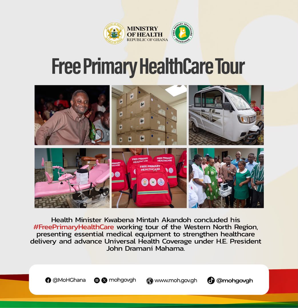 Big_Fawazz's tweet photo. Health Minister Kwabena Mintah Akandoh concluded his #FreePrimaryHealthCare working tour of the Western North Region, presenting essential medical equipment to strengthen healthcare delivery and advance Universal Health Coverage under H.E. President John Dramani Mahama. https://t.co/jwlilSZxGW
