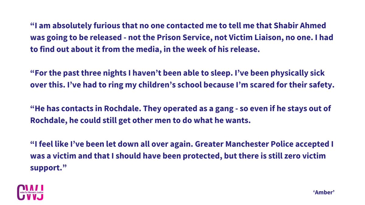 centreWJ's tweet photo. ‘Amber’, a survivor who was raped and sexually exploited by Shabir Ahmed and later brought a successful claim against Greater Manchester Police, has condemned the failure to tell her he was due to be released from prison. 

Read our full statement here: https://t.co/phjLLroWsD https://t.co/izGnC1WOpf