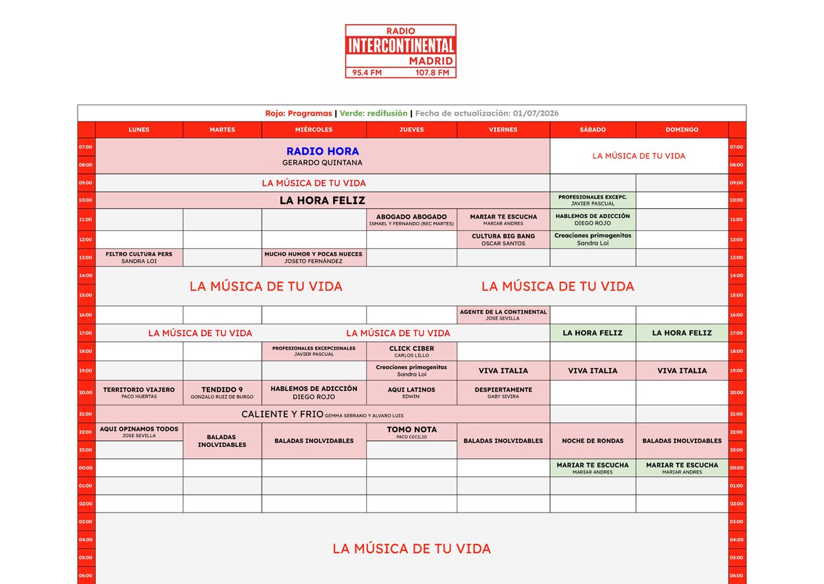 CANAL33's tweet photo. Parrilla Programas Radio Intercontinental Madrid julio y agosto 2026

95.4 y 107.8 FM

Y https://t.co/ngIzneaUsZ 

@RadioIntercon 

https://t.co/TCAVOc7FIX https://t.co/M0HNTnsj04