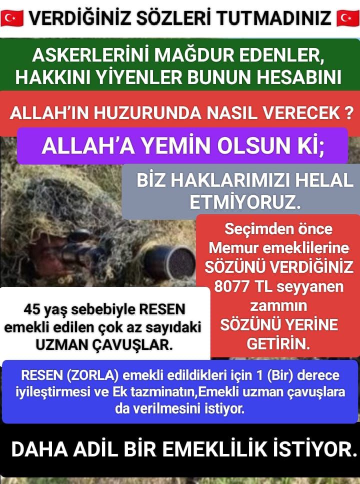 znur81547183830's tweet photo. @alitilkici38 @TEMUD_2024 #Tazminat ve düşük derece'li emekli #Uzmançavuş'lara  seyyanen 1 derece verilmeli.
@tcbestepe 
@RTErdogan 
@tcsavunma 
@aerdemcantimur
#TSK
#MSB
#MilliSavunmaBakanlığı
@heybetmusa
@SuayAlpay
@hulusiakarmedya
@TSKGnkur
@avabdullahguler
@Akparti 
@memetsimsek
@valisalihayhan https://t.co/NzBbr2ObCM