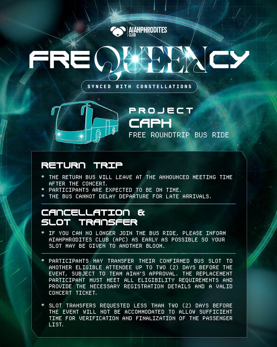APCforAiah's tweet photo. Ready to travel around the orbit with us? #𝐅𝐫𝐞𝐐𝐔𝐄𝐄𝐍𝐜𝐲𝐈𝐧𝐂𝐞𝐛𝐮: 𝐏𝐑𝐎𝐉𝐄𝐂𝐓 𝐂𝐀𝐏𝐇 is echoing loud and clear for you, 𝗖𝗲𝗕𝗹𝗼𝗼𝗺𝘀! 📢

Hop in as we journey together to 𝐒𝐢𝐠𝐧𝐚𝐥𝐬 𝐖𝐨𝐫𝐥𝐝 𝐓𝐨𝐮𝐫 𝐂𝐞𝐛𝐮 with our 𝙛𝙧𝙚𝙚 𝙧𝙤𝙪𝙣𝙙𝙩𝙧𝙞𝙥 𝙗𝙪𝙨 𝙧𝙞𝙙𝙚! We're deploying 𝙁𝙊𝙐𝙍 𝙗𝙪𝙨𝙚𝙨 to accommodate more fans to enjoy a convenient ride to the concert! 🚌 

APC, on behalf of our generous sponsors, wants to invite you to register and make your concert experience fun and hassle-free! ✨

𝗞𝗶𝗻𝗱𝗹𝘆 𝗿𝗲𝗮𝗱 𝘁𝗵𝗲 𝗴𝘂𝗶𝗱𝗲𝗹𝗶𝗻𝗲𝘀 𝗳𝗼𝗿 𝗼𝘂𝗿 𝗳𝗿𝗲𝗲 𝗯𝘂𝘀 𝗿𝗶𝗱𝗲 𝗯𝗲𝗳𝗼𝗿𝗲 𝗿𝗲𝗴𝗶𝘀𝘁𝗲𝗿𝗶𝗻𝗴. 👇🏻

𝗣𝗶𝗰𝗸-𝘂𝗽 𝘁𝗶𝗺𝗲: 11:00 AM - 12:00 PM (SM CEBU)
𝗔𝗳𝘁𝗲𝗿 𝗖𝗼𝗻𝗰𝗲𝗿𝘁: 10:00 PM - 11:00 PM (SM SEASIDE CEBU)

You think that’s it? 𝗔𝗟𝗟 𝗽𝗮𝘀𝘀𝗲𝗻𝗴𝗲𝗿𝘀 𝘄𝗶𝗹𝗹 𝗿𝗲𝗰𝗲𝗶𝘃𝗲 𝗔𝗣𝗖 𝗳𝗿𝗲𝗲𝗯𝗶𝗲𝘀 on board! 😉

Register here: https://t.co/DeTjIUWR0i

See you there, Aiahphrodites and Blooms! 🩵

#ProjectFreQUEENcy
#AiahphroditesClub
#BINI_SIGNALS_TOUR
#BINI_Aiah @bini_aiah
