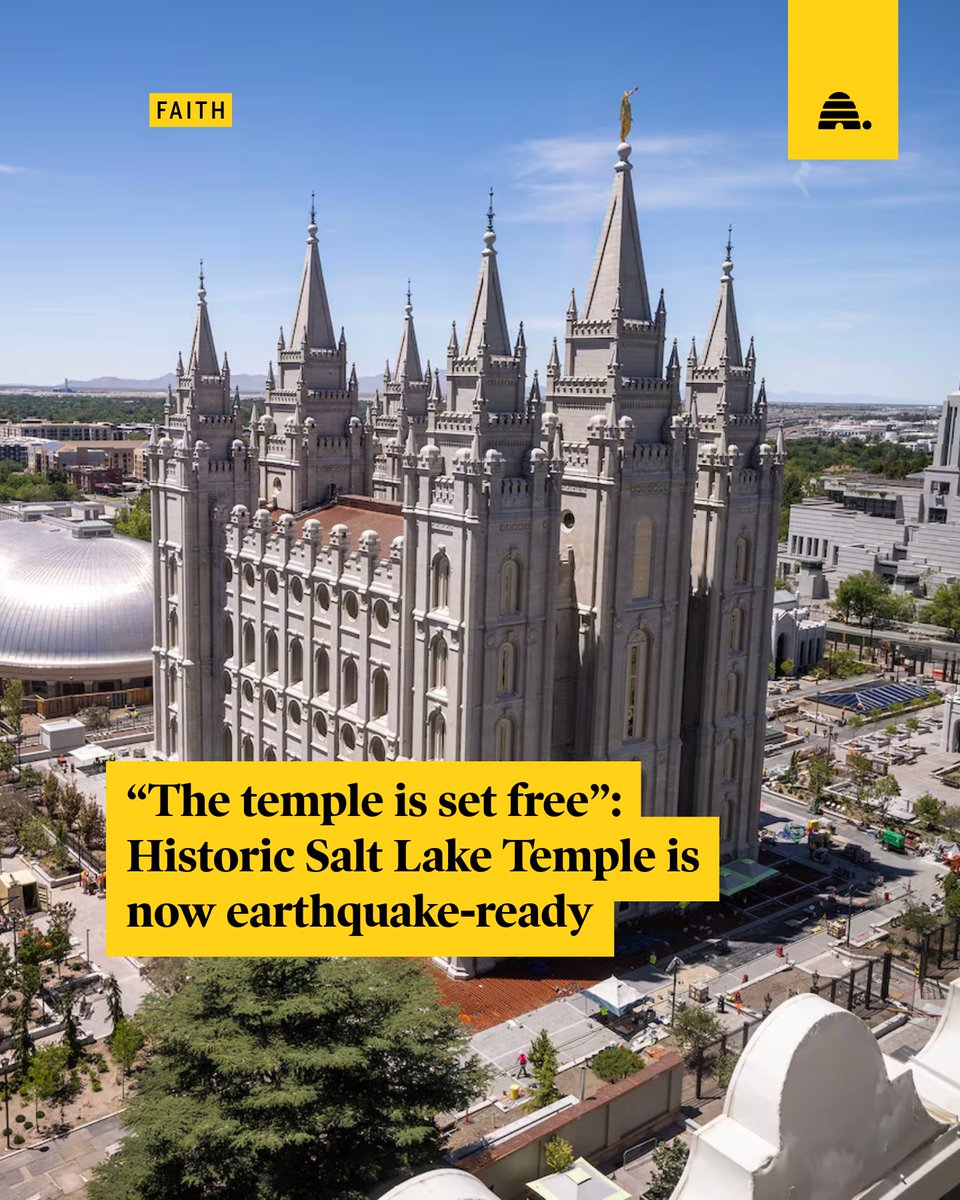 Deseret's tweet photo. The historic Salt Lake Temple now officially stands on its new seismic safety net of 98 base isolators. | By Amy Ortiz https://t.co/WmoZCjwjAa